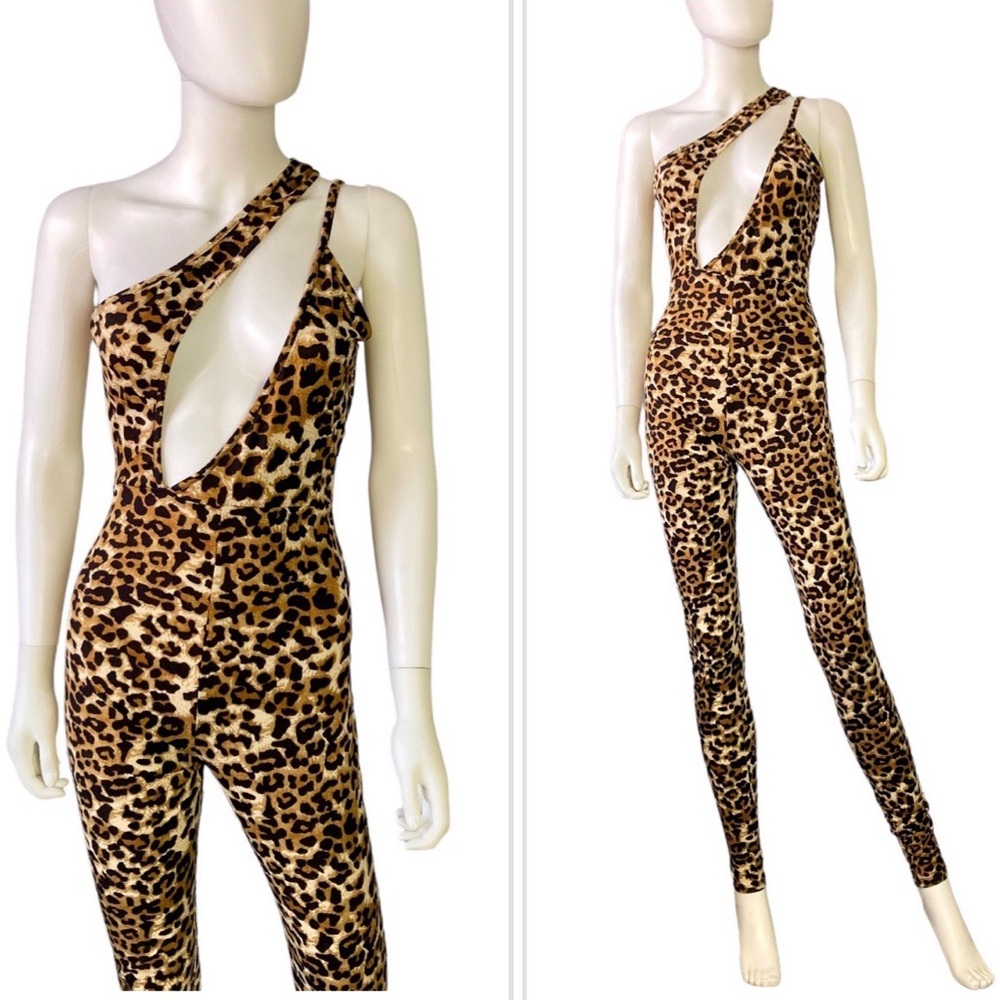 Sexy Leopard animal print asymmetrical cutout jersey jumpsuit one piece S